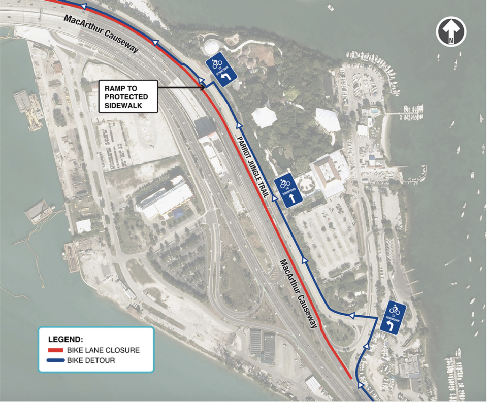 Map of the MacArthur Causeway bike-lane detour beginning 07/31/2024.