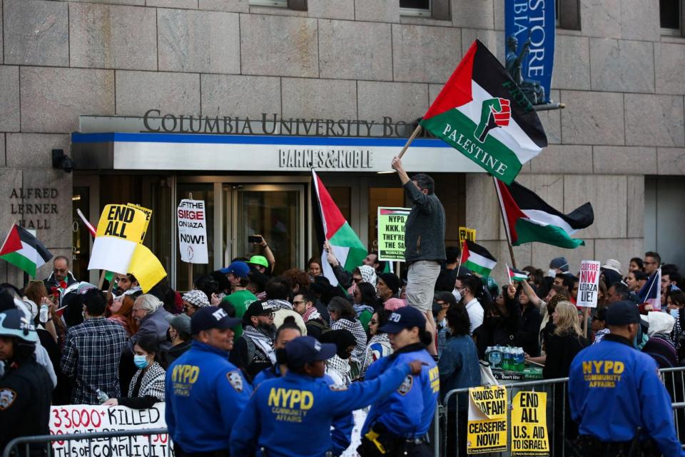 PHOTO: Pro-Palestinian activists protest outside Columbia University in New York City on April 20, 2024. (Leonardo Munoz/AFP via Getty Images)