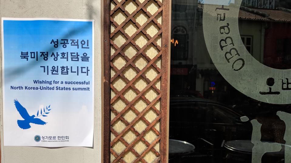 (A Korean Association in Singapore poster seen on 6 June, 2018, outside a Korean restaurant in “Little Korea” with a message wishing for a successful Trump-Kim summit. PHOTO: Wong Casandra/Yahoo News Singapore)