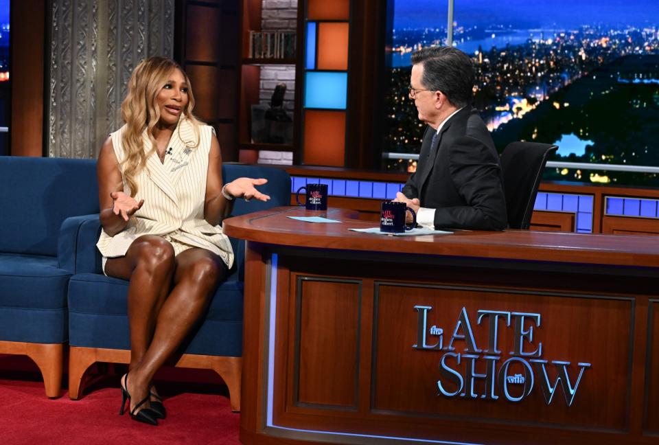 The Late Show with Stephen Colbert and guest Serena Williams during Tuesday’s July 9, 2024 show. Photo: Scott Kowalchyk/CBS ©2024 CBS Broadcasting Inc. All Rights Reserved.