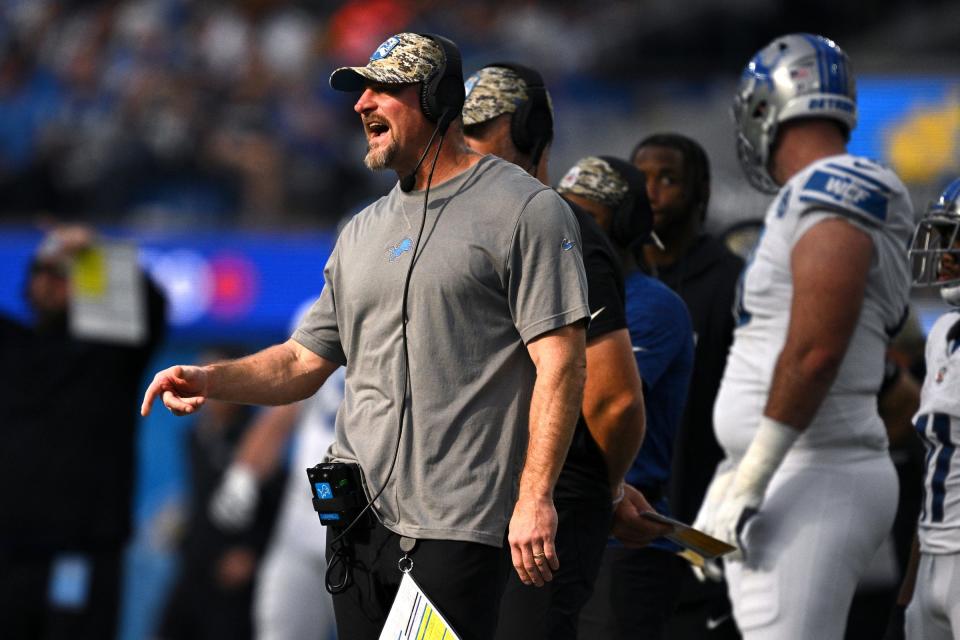 Detroit Lions head coach Dan Campbell gestures from the sideline during the first half against the Los Angeles Chargers at SoFi Stadium on November 12, 2023 in Inglewood, California.