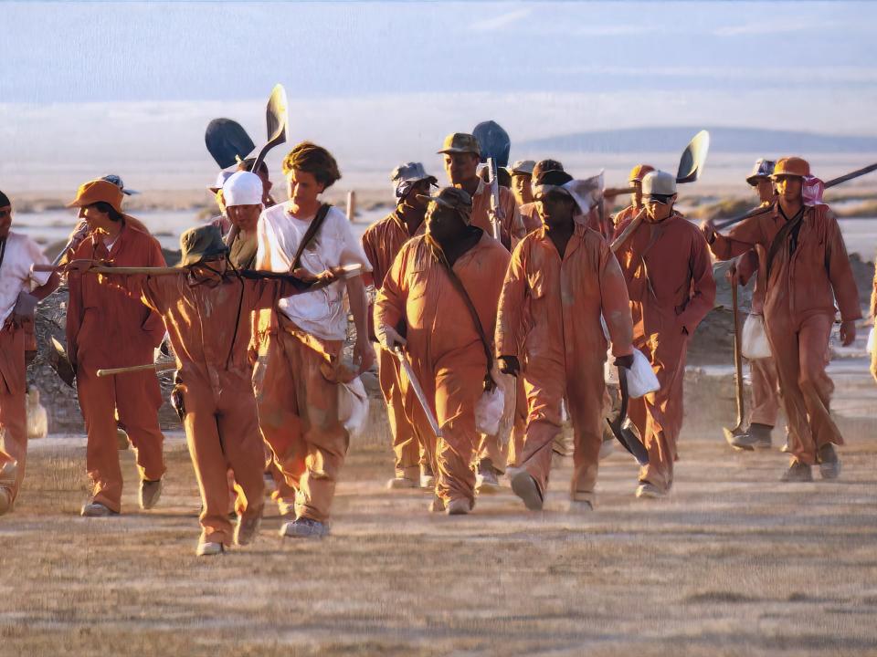 the kids filming a scene from holes out in the desert in california