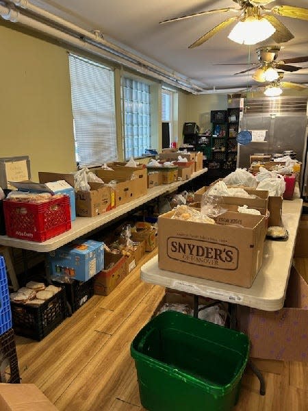 Boxes of food lined up prior to distribution at the former St. Cyril's Convent in Binghamton.