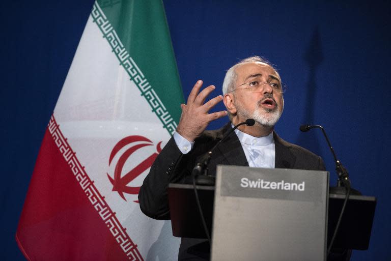 Iranian Foreign Minister Javad Zarif speaks during a press conference in Lausanne, Switzerland, on April 2, 2015