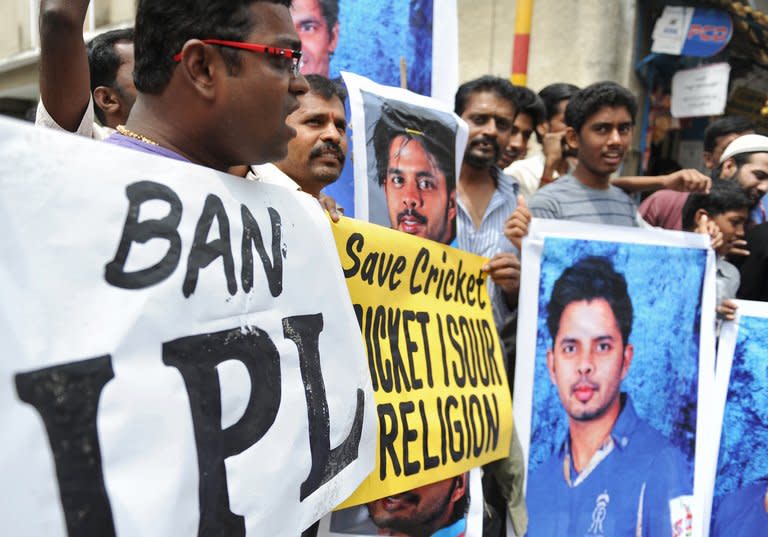 A protest in Bangalore on May 16 against alleged match fixing in Twenty20 games. Test fast bowler Shanthakumaran Sreesanth has been banned from cricket for life after being found guilty of spot-fixing during the Indian Premier League, authorities said Friday