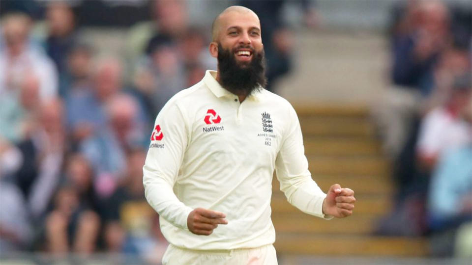 Moeen Ali is seen here appearing in a Test cricket match for England.