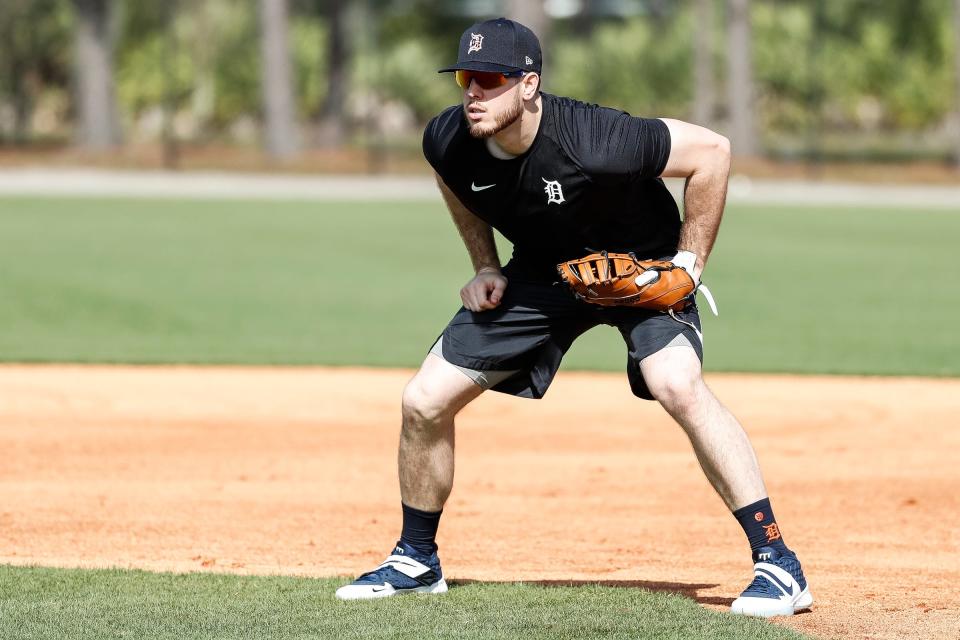 First baseman C.J. Cron practices during Detroit Tigers spring training at TigerTown in Lakeland, Fla., Sunday, Feb. 16, 2020.