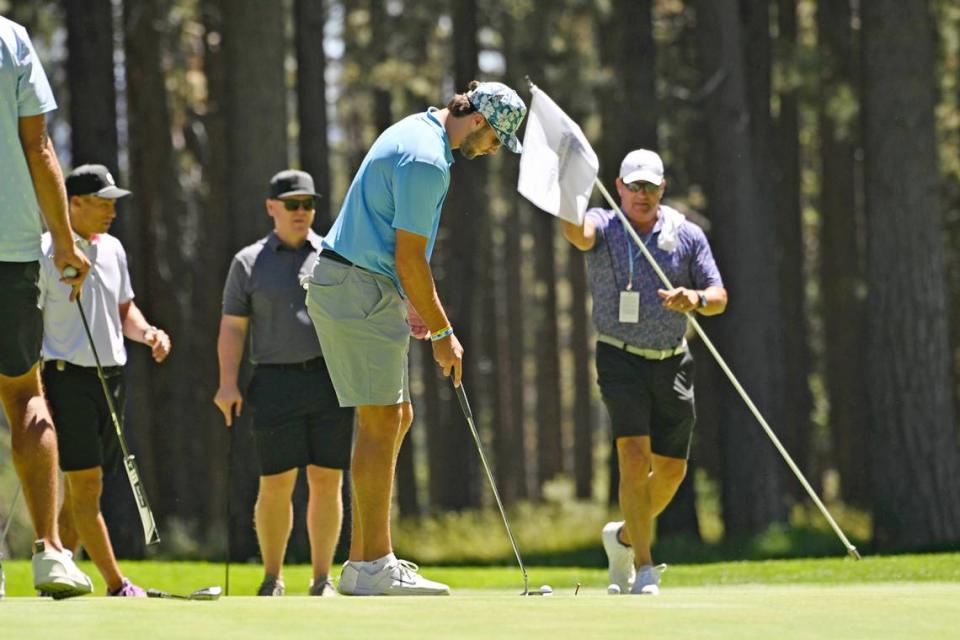 Buffalo Bills quarterback Josh Allen, who played high school football in the Central Valley city of Firebaugh, putts on the 15th hole during practice rounds for the American Century Golf celebrity golf tournament at Edgewood Tahoe Golf Course in Stateline, Nev., on Thursday. The tournament’s first round kicks of today at 7:45 a.m. This year’s tournament features current and retired pro athletes such as Tony Romo, Aaron Rodgers, Annika Sorenstam and Charles Barkley along with entertainment figures such as Saturday Night Live’s Colin Jost, wrestling star The Miz and country music singer Jake Owen.