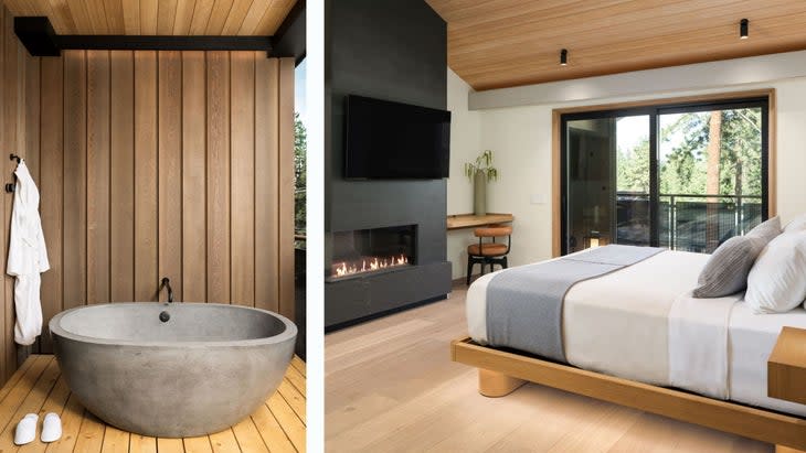 <span class="article__caption">Alpine Room tub (left); Granite Suite bed (right)</span> (Photo: Desolation Hotel)