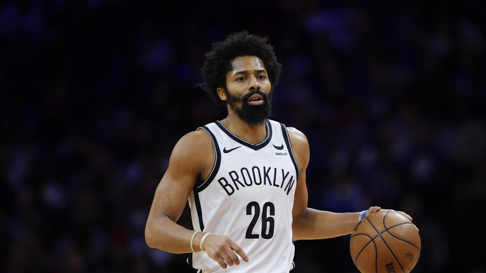 Brooklyn Nets' Spencer Dinwiddie plays during an NBA basketball game, Saturday, Feb. 3, 2024, in Philadelphia. (AP Photo/Matt Slocum)