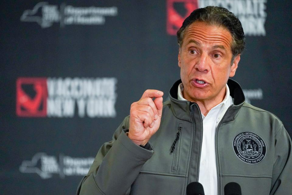 Gov. Andrew Cuomo speaks during a news conference, Wednesday, April 14, 2021 at a pop up COVID-19 vaccination site at Belmont Park in Elmont, N.Y.