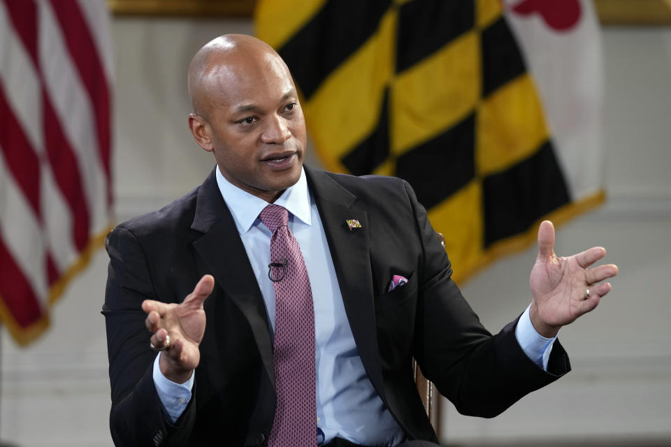 Maryland Gov. Wes Moore speaks during an interview with The Associated Press in Annapolis, Md., Thursday, March 16, 2023. (AP Photo/Susan Walsh)