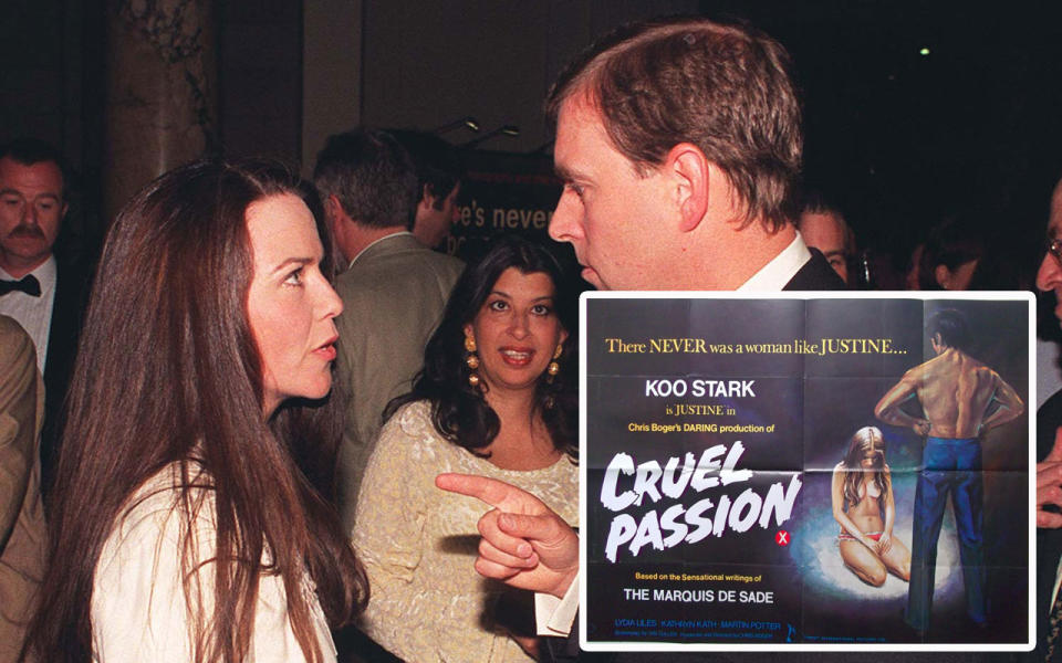 Koo Stark pictured with Prince Andrew in 1998 and inset the poster for 'Cruel Passions' (Credit: PA)