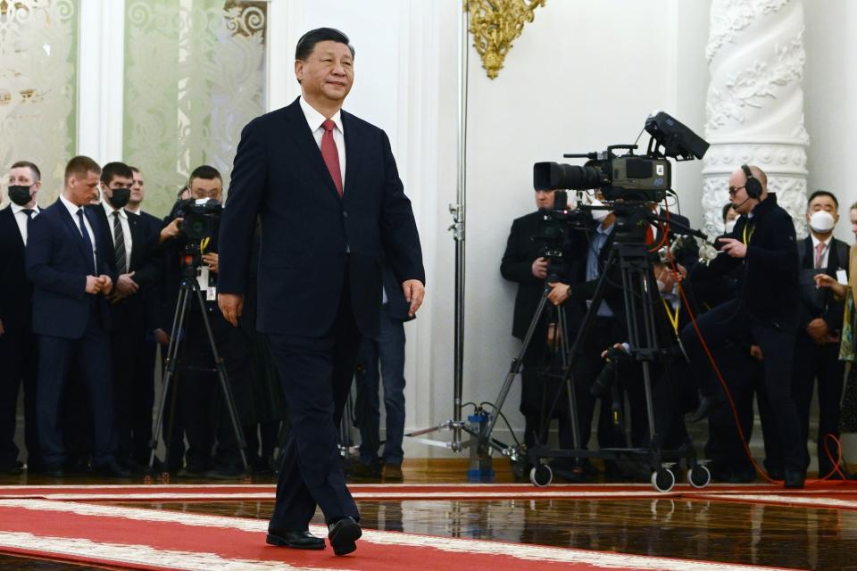Chinese President Xi Jinping arrives to attend an official welcome ceremony with Russian President Vladimir Putin at The Grand Kremlin Palace, in Moscow, Russia, Tuesday, March 21, 2023. (Alexey Maishev, Sputnik, Kremlin Pool Photo via AP)
