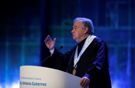 U.N. Secretary General Antonio Guterres gives a speech during a ceremony at Lisbon University where Guterres received his honoris causa degree, Portugal February 19, 2018. REUTERS/Rafael Marchante