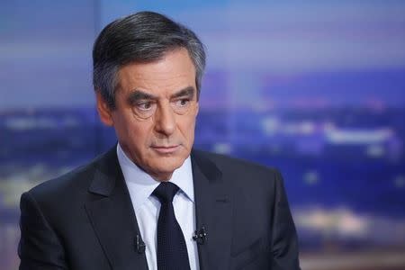 Francois Fillon, former French prime minister, member of The Republicans political party and 2017 presidential candidate of the French centre-right, is seen prior to a prime-time news broadcast in the studios of TF1 in Boulogne-Billancourt, near Paris, France, January 26, 2017. REUTERS/Pierre Constant/Pool