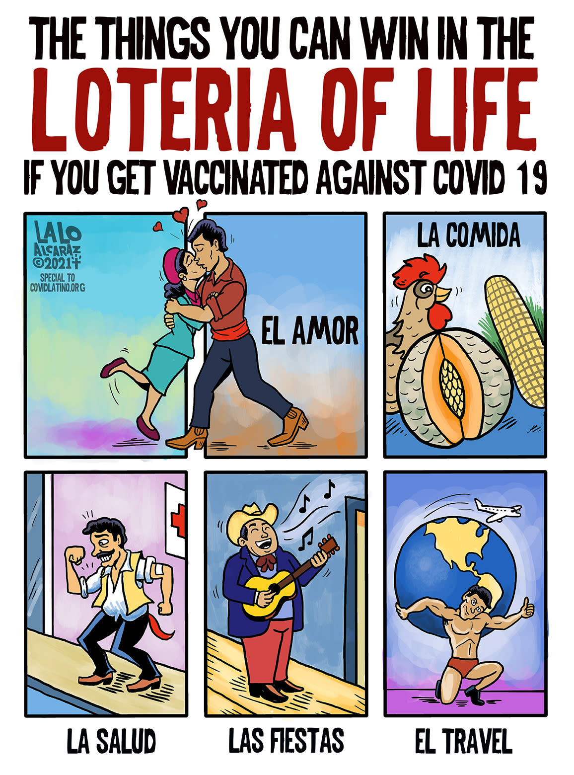 Image: This cartoon recreates a traditional Mexican bingo-like game, Lotería, to show the benefits of getting a vaccine. (Lalo Alcaraz / Courtesy Lalo Alcaraz / Andrews McMeel Syndication)