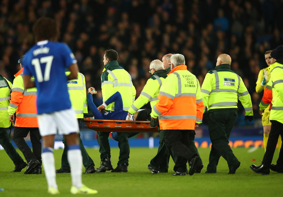 LIVERPOOL, ENGLAND - NOVEMBER 03: Andre Gomes of Everton leaves the game on a stretcher after a foul by Son Heung-min of Tottenham Hotspur during the Premier League match between Everton FC and Tottenham Hotspur at Goodison Park on November 3, 2019 in Liverpool, United Kingdom. (Photo by Robbie Jay Barratt - AMA/Getty Images)