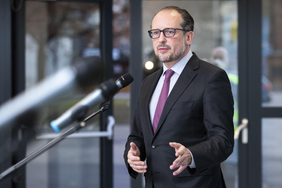 Austrian Chancellor Alexander Schallenberg talks at a press conference in Tulln, Austria, Wednesday, Dec. 1, 2021. Austria’s lockdown has officially been extended until Dec. 11 as planned amid signs that the measures are helping to bring down a sky-high coronavirus infection rate. A parliamentary committee signed off Tuesday on the extension of the country’s fourth national lockdown of the pandemic that started on Nov. 22. (AP Photo/Lisa Leutner)