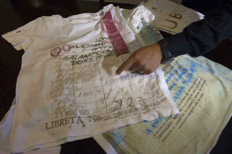 Sebastian Marroquin, son of Colombia's late drug lord Pablo Escobar, shows a shirt from his new clothing line "Escobar Henao," covered with an image of a document from his father's bank account, at his home in Buenos Aires, Argentina, Friday, Aug. 17, 2012. Marroquin, who legally changed his name and moved to Argentina in 1994 with his mother Maria Valeria Henao after his father was killed, says he created the collection as a way to send a message of peace and reflection about his family's history. (AP Photo/Eduardo Di Baia)