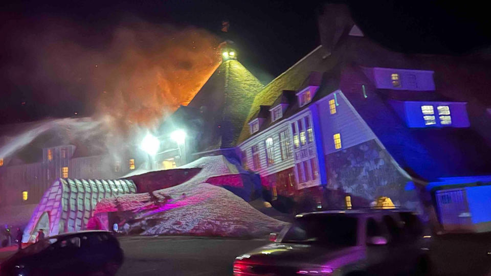 Clackamas Fire crews battle a 3-alarm fire at Timberline Lodge. April 18, 2024 (courtesy Clackamas Fire).