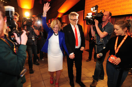 Alberta New Democratic (NDP) leader and Premier Rachel Notley, accompanied by her husband Lou Arab, arrives at her election night party in Edmonton, Alberta, Canada, April, 16, 2019. REUTERS/Candace Elliott