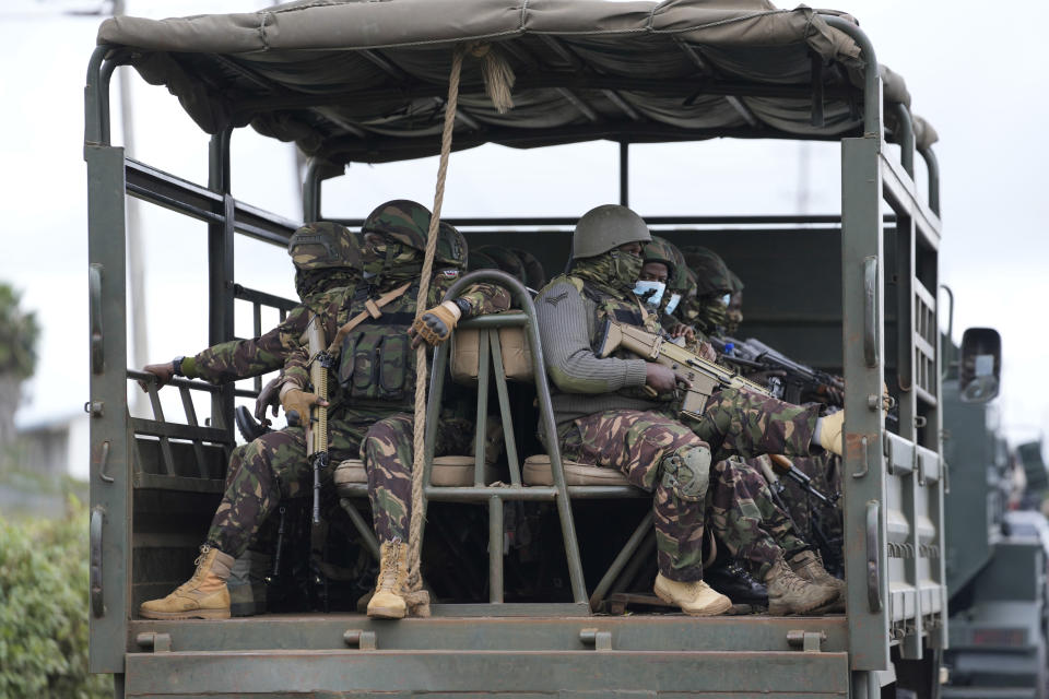 Kenya army soldiers patrol around Nairobi, Kenya Thursday, June 27, 2024. Heavy security was deployed Thursday in Kenya's capital Nairobi ahead of planned protests against a controversial finance bill, despite the president's decision not to sign it after the plans sparked deadly chaos in the capital Tuesday and saw protesters storming and burning part of the parliament building. (AP Photo/Brian Inganga)