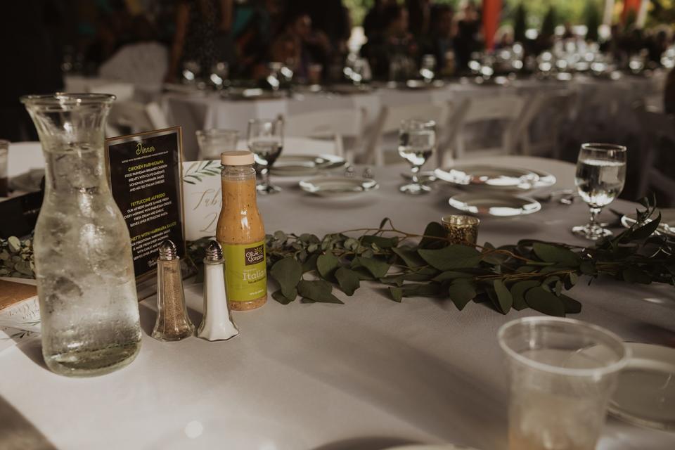 The menu at the wedding included chicken parm, fettuccine Alfredo, and spaghetti.