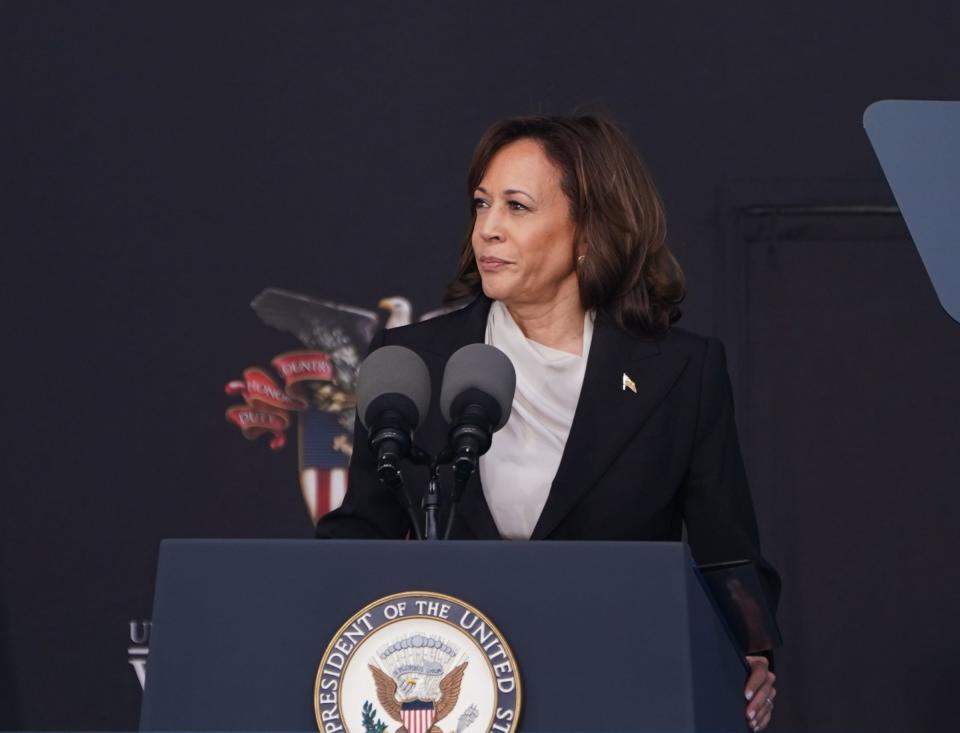 Vice President Kamala Harris offers the graduation remarks at the 2023 Graduation and Commissioning Ceremony at Michie Stadium on the campus of U.S. Military Academy at West Point on Saturday, May 27, 2023.