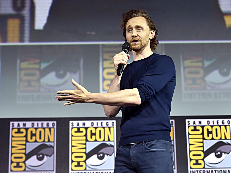 SAN DIEGO, CALIFORNIA - JULY 20: Tom Hiddleston of Marvel Studios' 'Loki' at the San Diego Comic-Con International 2019 Marvel Studios Panel in Hall H on July 20, 2019 in San Diego, California. (Photo by Alberto E. Rodriguez/Getty Images for Disney)