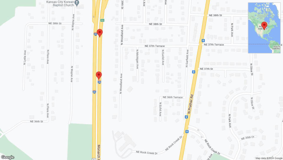 A detailed map that shows the affected road due to 'Broken down vehicle on northbound I-29/I-35 in Kansas City' on July 16th at 5:38 p.m.