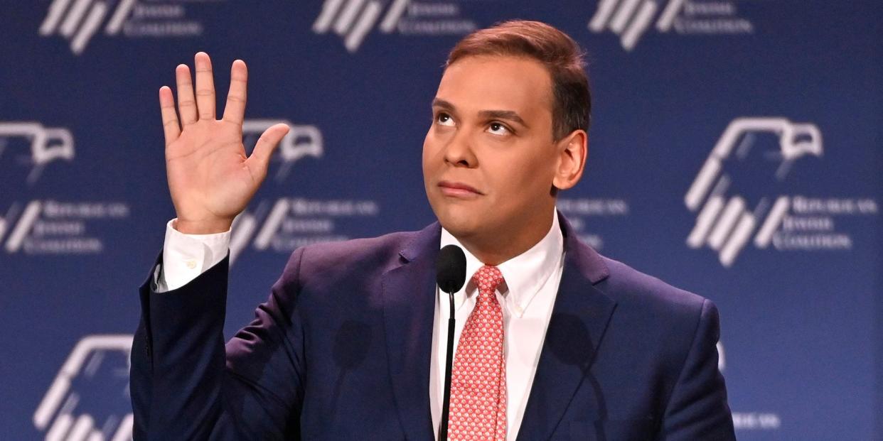 Rep-elect George Santos speaks during the Republican Jewish Coalition Annual Leadership Meeting in Las Vegas, Nevada on November 19, 2022.