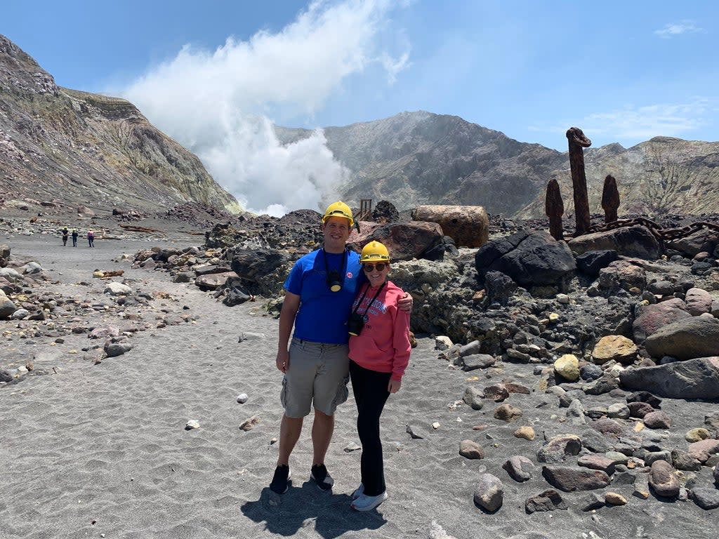 Matt Urey and Lauren Barham on White Island, moments before the eruption (Courtesy of Matt Urey and Lauren Barham)