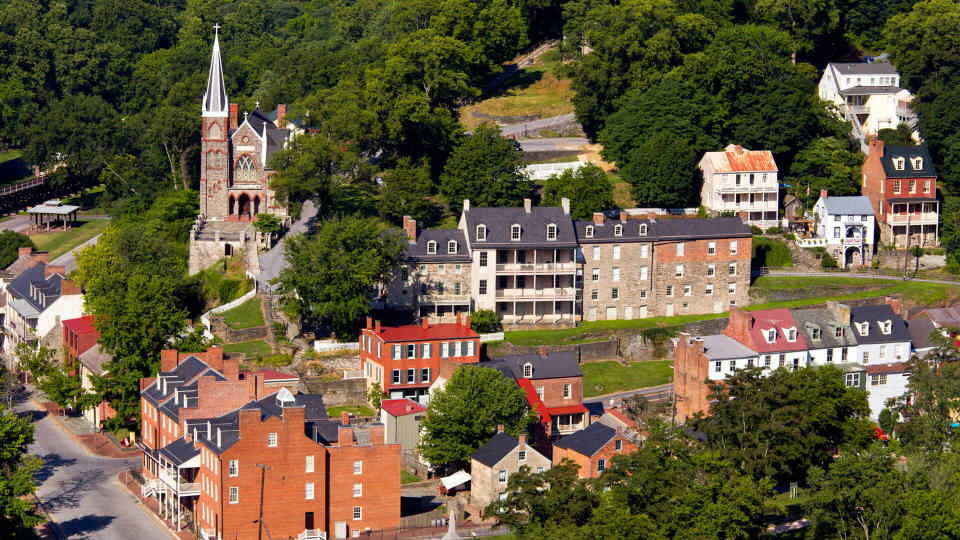 Aerial view over the National Park town of Harpers Ferry in West Virginia with the church and old buildings in the city.