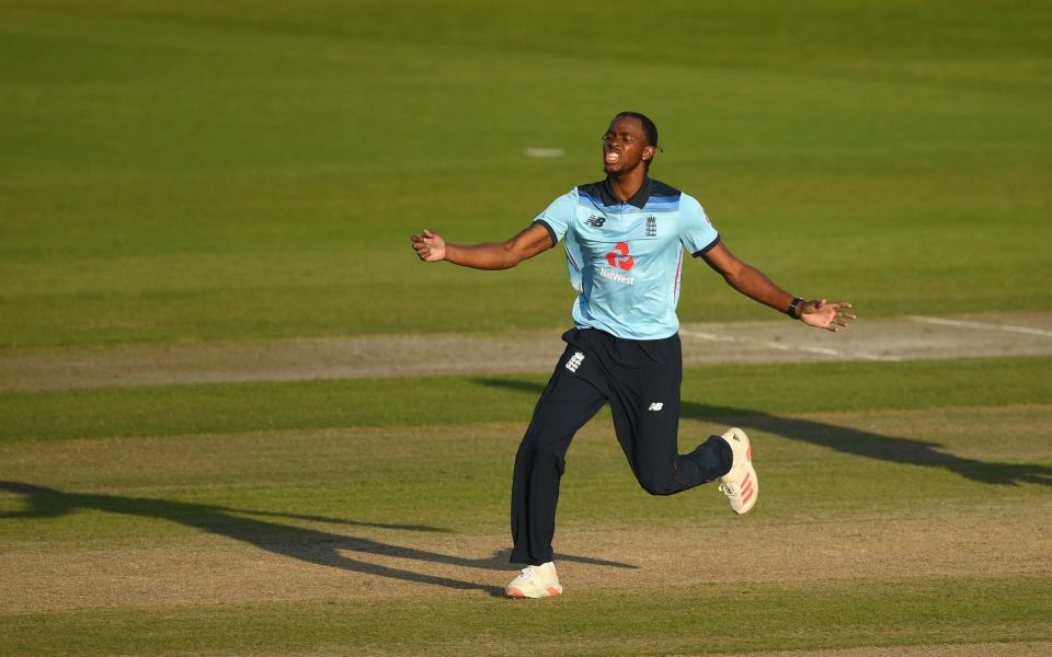 Jofra Archer of England reacts during the 2nd Royal London One Day International Series match between England and Australia at Emirates Old Trafford on September 13, 2020 in Manchester, England.  - GETTY IMAGES
