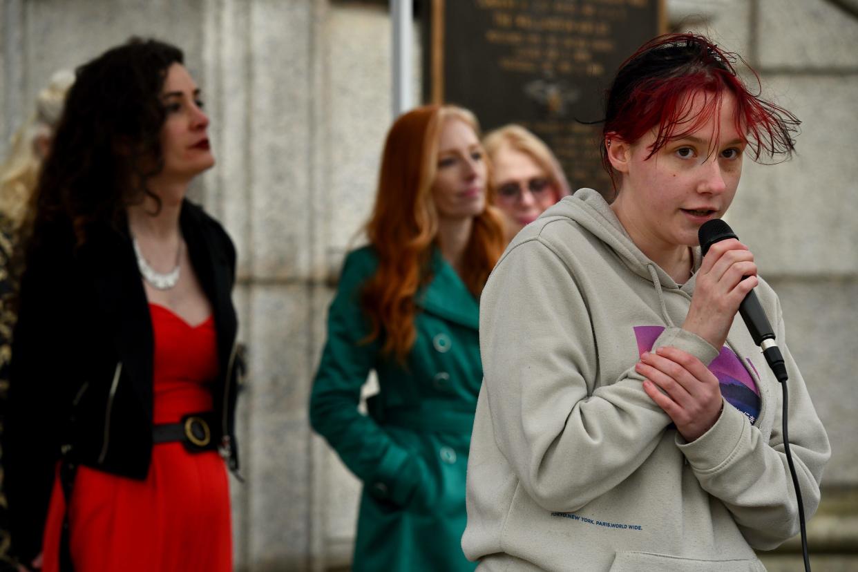 During the Trans Day of Visibility rally at City Hall, Tyler Charpentier, 19, of Worcester talks about his life as a trans person going through the Worcester public school system.