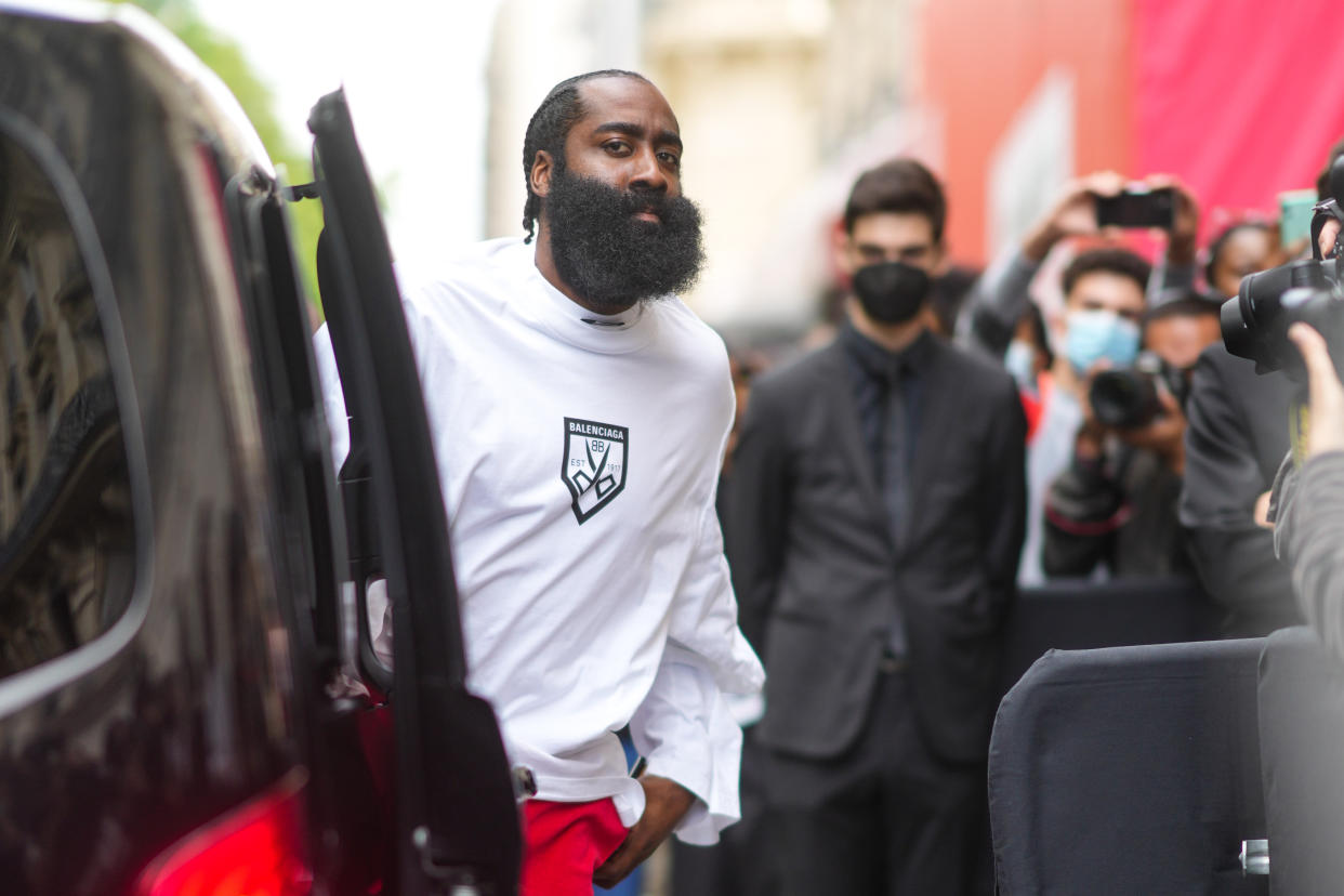 PARIS, FRANCE - JULY 07: James Harden, NBA basketball player, is seen, outside Balenciaga, during Paris Fashion Week - Haute Couture Fall/Winter 2021/2022, on July 07, 2021 in Paris, France. (Photo by Edward Berthelot/Getty Images)