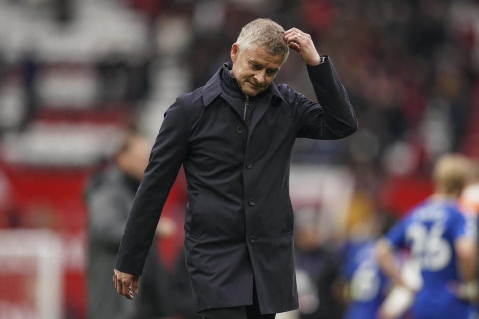 FILE - Manchester United's manager Ole Gunnar Solskjaer walks off the pitch at the end of the English Premier League soccer match between Manchester United and Everton, at Old Trafford, Manchester, England, Saturday, Oct. 2, 2021. Manchester United has fired Ole Gunnar Solskjaer after three years as manager after a fifth loss in seven Premier League games. United said a day after a 4-1 loss to Watford that “Ole will always be a legend at Manchester United and it is with regret that we have reached this difficult decision." (AP Photo/Dave Thompson, File)