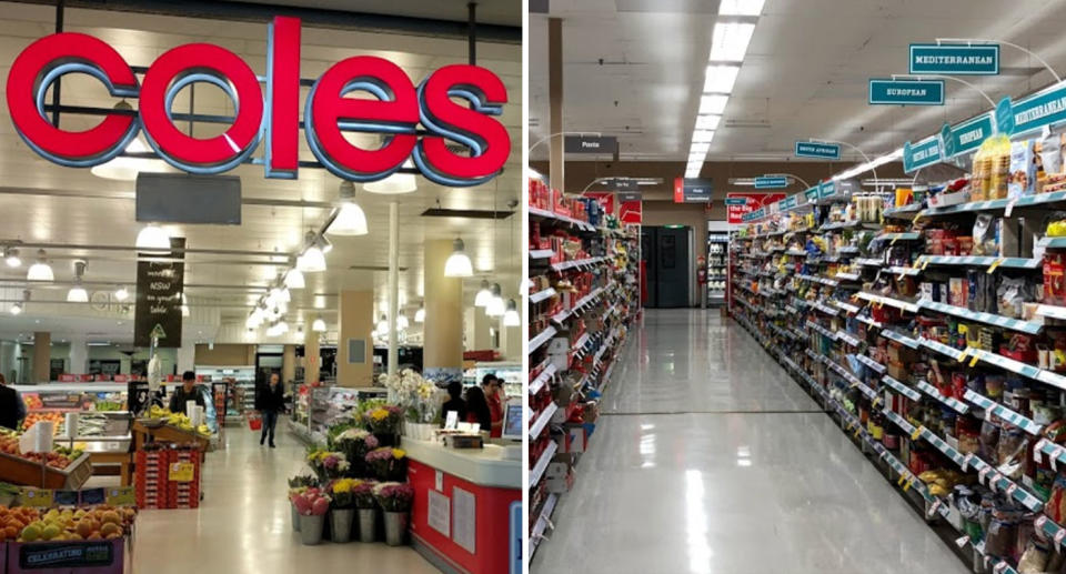 Coles supermarket front and aisle shown as shopper criticises its imported product having more shelf space.