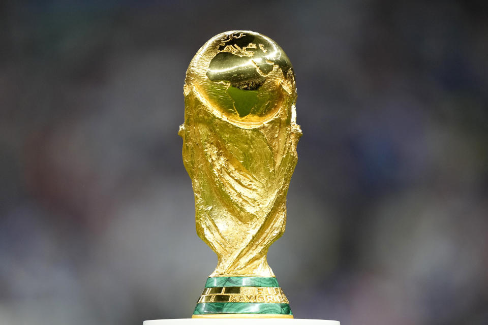 The trophy is displayed on the pitch ahead of the World Cup final soccer match between Argentina and France at the Lusail Stadium in Lusail, Qatar, Sunday, Dec. 18, 2022. (AP Photo/Martin Meissner)