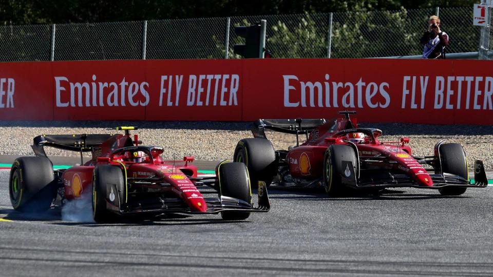 Ferrari duo Charles Leclerc and Carlos Sainz battle. Red Bull Ring July 2022. Credit: PA Images