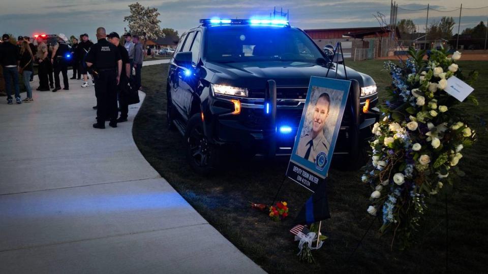 Hundreds of people gather for a vigil in honor of Ada County Sheriff’s Deputy Tobin Bolter. Members of the law enforcement community, friends and supporters met at Hunter’s Creek Sports Park on April 23 in Star.