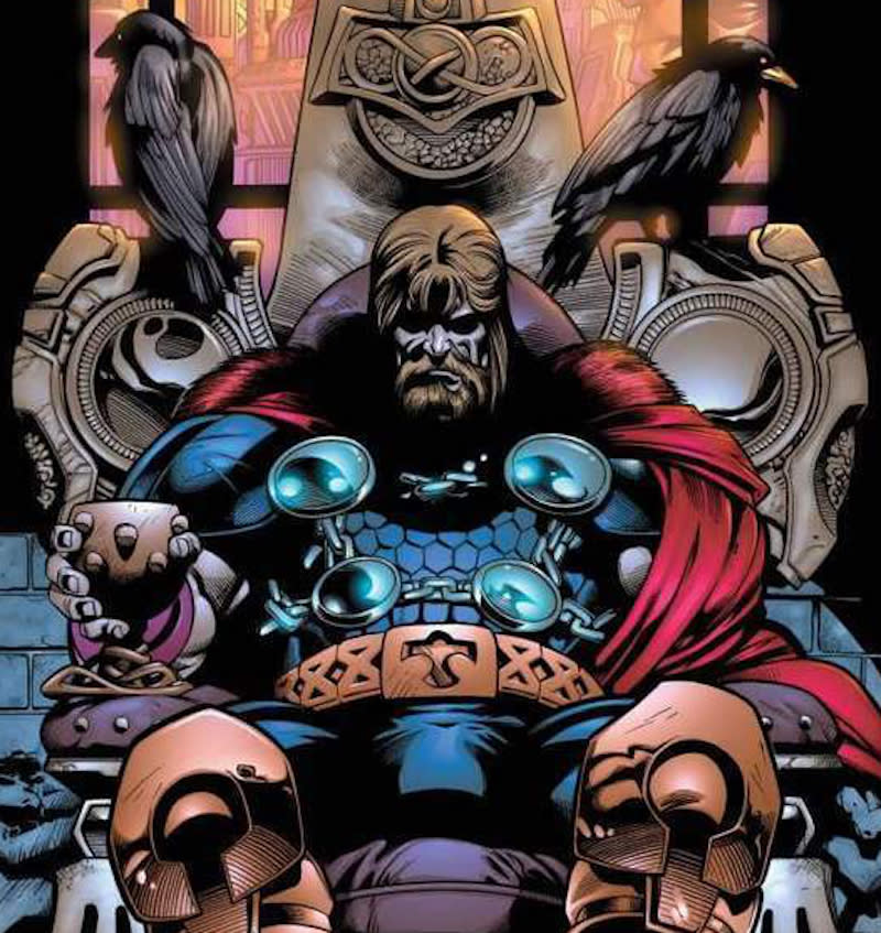 King Thor, blind in his left eye, sits on the throne. (Image: Marvel Comics)