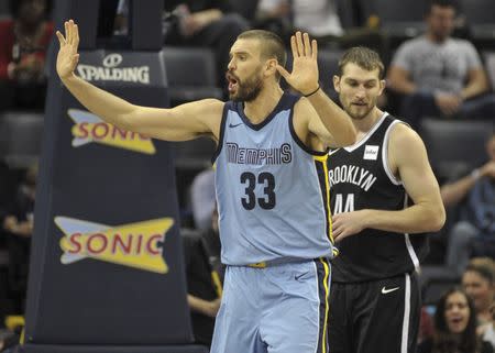 Nov 26, 2017; Memphis, TN, USA; Memphis Grizzlies center Marc Gasol (33) reacts during the second half against the Brooklyn Nets at FedExForum. Brooklyn Nets defeats the Memphis Grizzlies 99-88. Mandatory Credit: Justin Ford-USA TODAY Sports