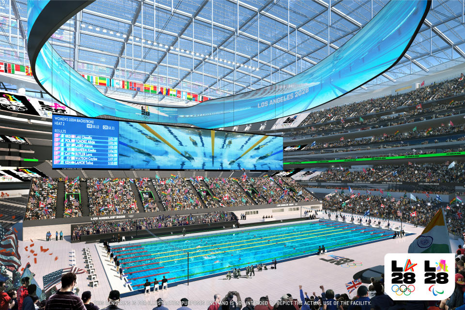 A rendering of a pool placed inside Inglewood's SoFi Stadium that will be used for the L.A. 28 Olympics