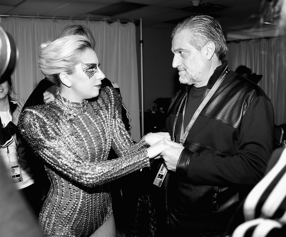 Musician Lady Gaga and Joe Germanotta backstage before the Pepsi Zero Sugar Super Bowl LI Halftime Show at NRG Stadium on February 5, 2017 in Houston, Texas.