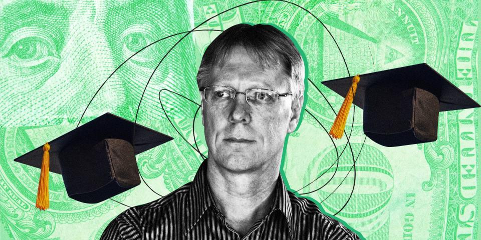 Cutout photo of a man surrounded by black graduation caps, against a green background made up of collaged close-ups of a 100 dollar bill