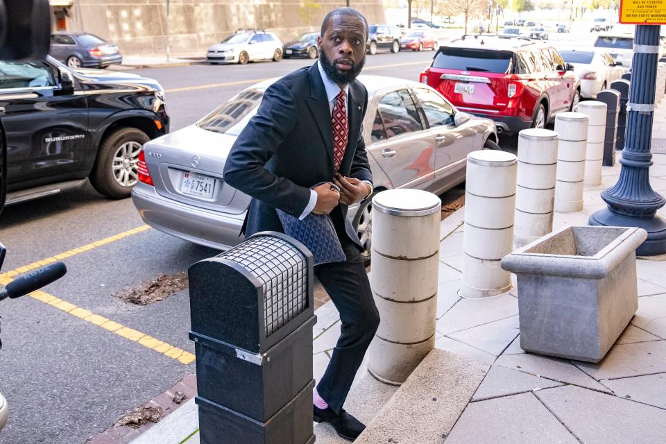 Prakazrel "Pras" Michel, a member of the 1990s hip-hop group the Fugees, arrives at federal court for his trial in an alleged campaign finance conspiracy on April 3, 2023, in Washington.