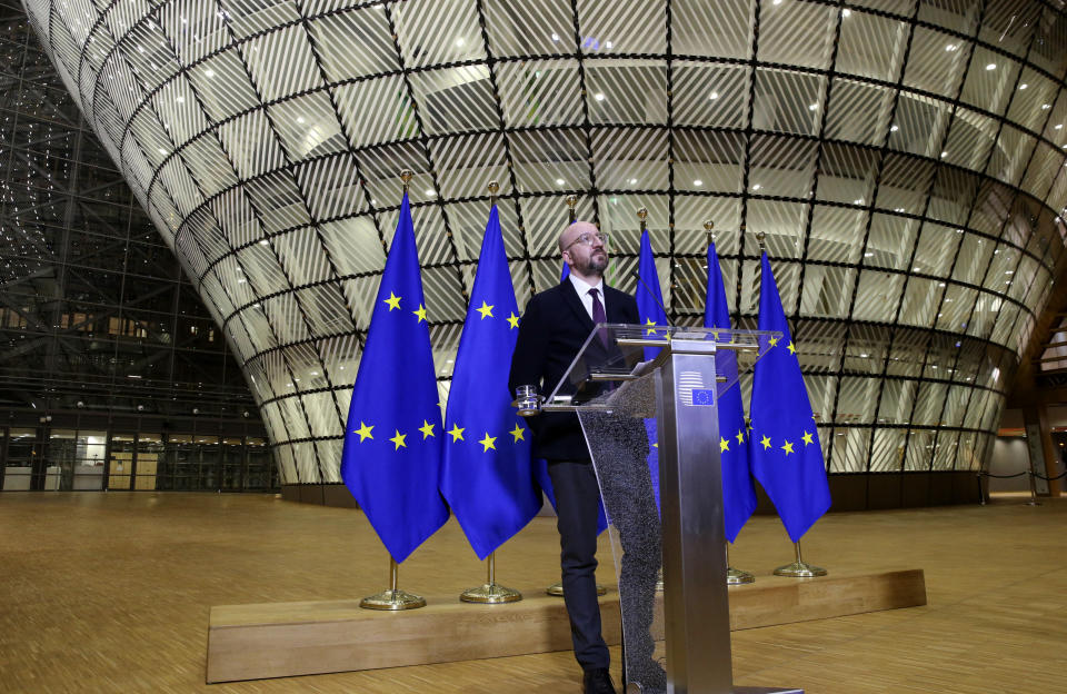 European Council President Charles Michel speaks during a media conference after an EU summit by video conference in Brussels, Thursday, March 26, 2020. Following the informal video conference, members of the European Council adopted a statement on the EU actions in response to the COVID-19 outbreak. The new coronavirus causes mild or moderate symptoms for most people, but for some, especially older adults and people with existing health problems, it can cause more severe illness or death. (Francois Walschaerts, Pool Photo via AP)