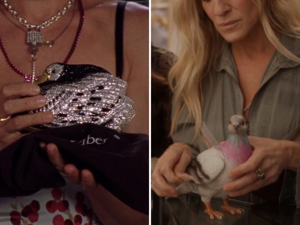 A scene from "Sex and the City" where Carrie holds a Judith Leiber purse and a scene from "And Just Like That" where Carrie holds a JW Anderson pigeon purse.